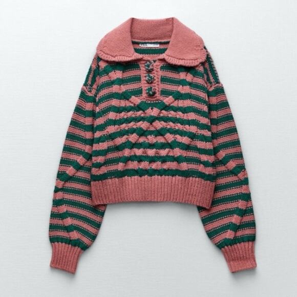Zara Striped Womens Sweater Peter Pan Collar Medium Cottagecore Preppy - Picture 1 of 4